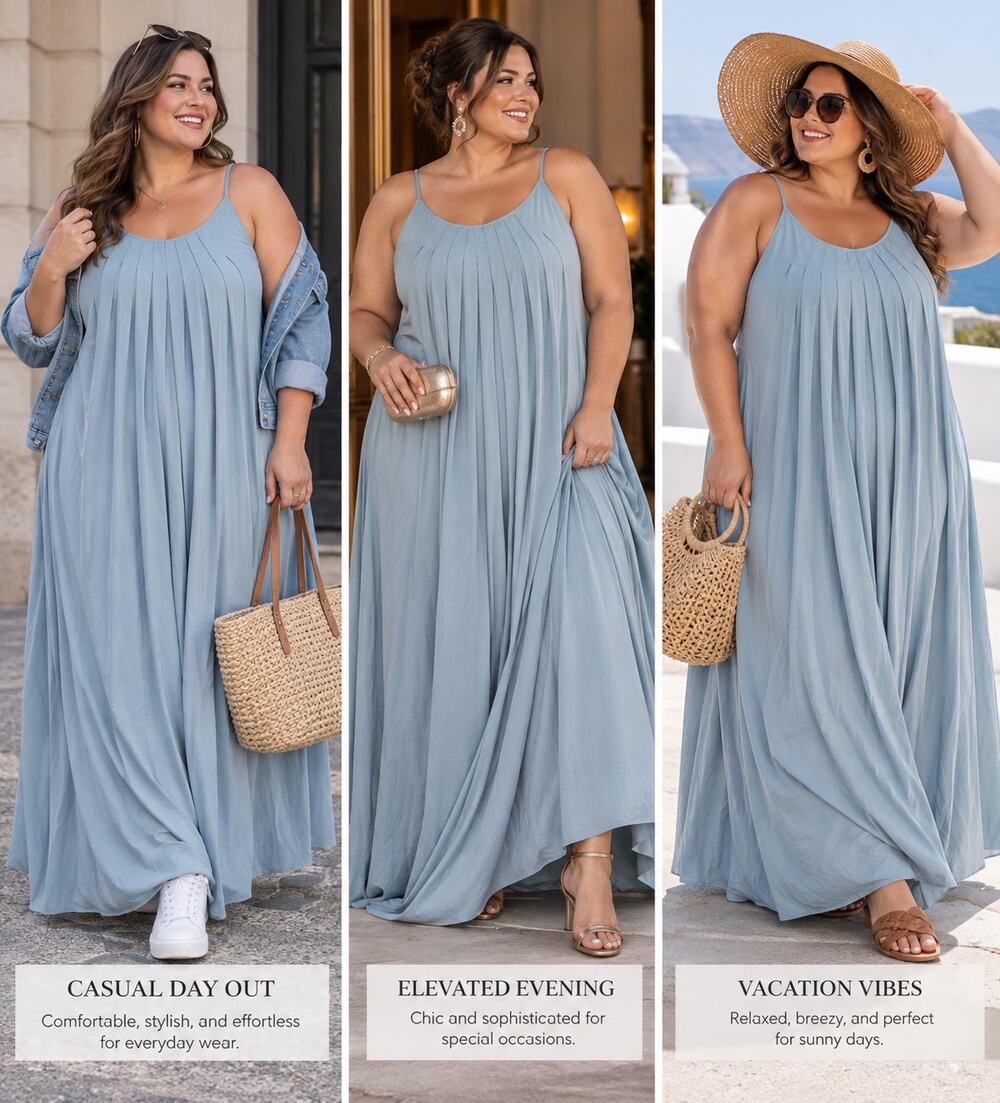 Athleta Maxi Dress 3X Light Blue Pleated Flowy Sleeveless Stretch Plus Size
